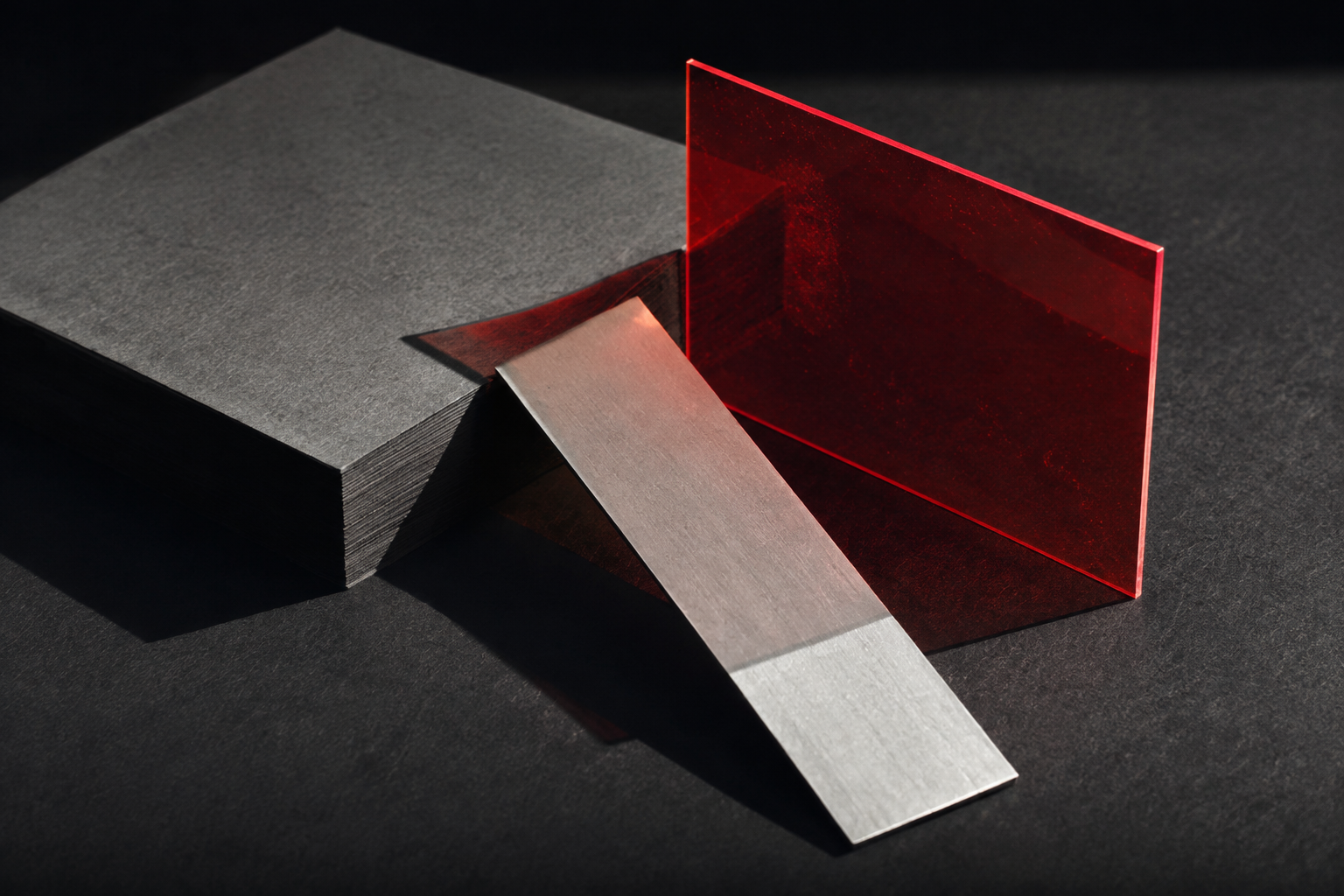 A physical studio composition of graphite paper, raw aluminium and red acrylic